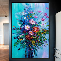 Bouquet of Flowers on Blue Background - NicheCanvas