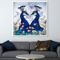 Blue Floral Peacocks - NicheCanvas