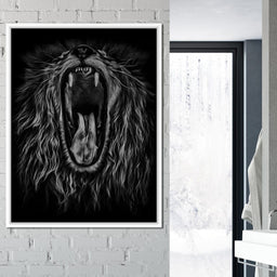 Black and White Roaring Lion - NicheCanvas