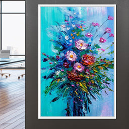 Bouquet of Flowers on Blue Background - NicheCanvas