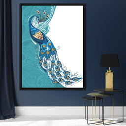 Peacock on Turquoise & White Background - NicheCanvas