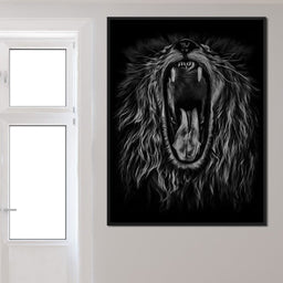 Black and White Roaring Lion - NicheCanvas