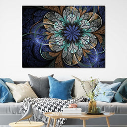 Blue and Gold Fractal Flower - NicheCanvas