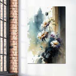 White & Teal Watercolor Flowers - NicheCanvas