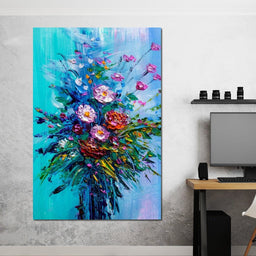 Bouquet of Flowers on Blue Background - NicheCanvas