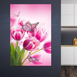 Bouquet of Pink Tulips & Butterflies - NicheCanvas