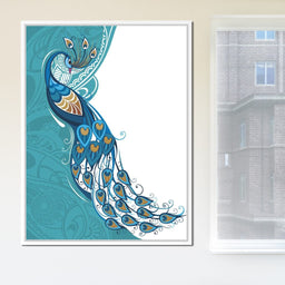 Peacock on Turquoise & White Background - NicheCanvas