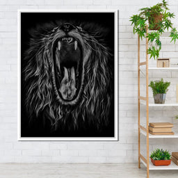 Black and White Roaring Lion - NicheCanvas