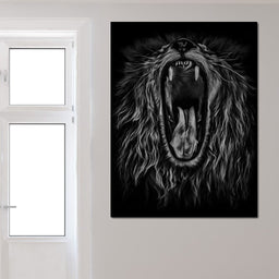 Black and White Roaring Lion - NicheCanvas