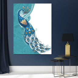 Peacock on Turquoise & White Background - NicheCanvas