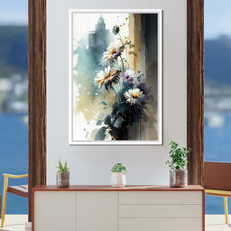 White & Teal Watercolor Flowers - NicheCanvas