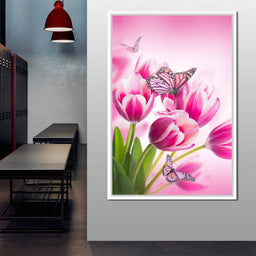 Bouquet of Pink Tulips & Butterflies - NicheCanvas