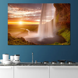 Sunset over Seljalandsfoss Waterfall - NicheCanvas