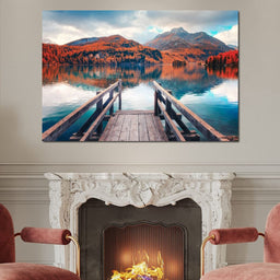 Wooden Pier on Autumn lake Sils - NicheCanvas