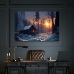 Warm Cabin Covered in Snow - NicheCanvas