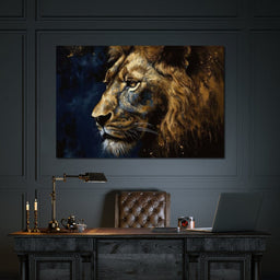 Golden Lion on Blue Background - NicheCanvas