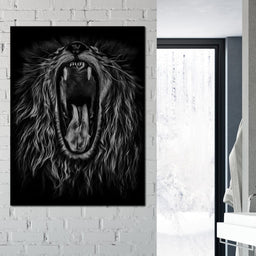 Black and White Roaring Lion - NicheCanvas