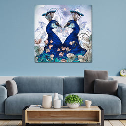 Blue Floral Peacocks - NicheCanvas