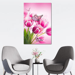 Bouquet of Pink Tulips & Butterflies - NicheCanvas