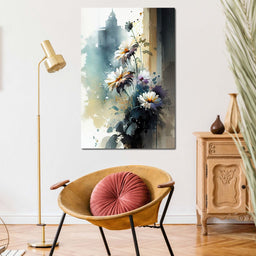 White & Teal Watercolor Flowers - NicheCanvas