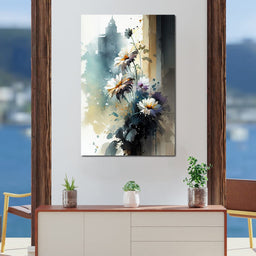 White & Teal Watercolor Flowers - NicheCanvas