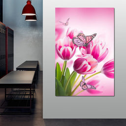 Bouquet of Pink Tulips & Butterflies - NicheCanvas
