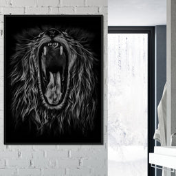 Black and White Roaring Lion - NicheCanvas