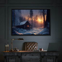 Warm Cabin Covered in Snow - NicheCanvas