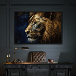 Golden Lion on Blue Background - NicheCanvas