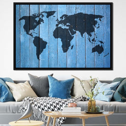World Map - Blue Planks - NicheCanvas