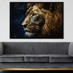 Golden Lion on Blue Background - NicheCanvas