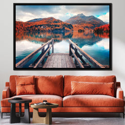 Wooden Pier on Autumn lake Sils - NicheCanvas