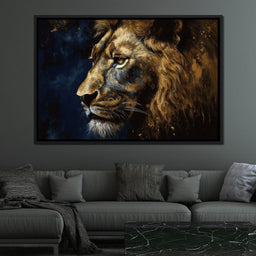 Golden Lion on Blue Background - NicheCanvas