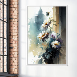 White & Teal Watercolor Flowers - NicheCanvas