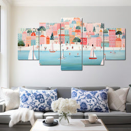 Sailboats in Dreamy Cityscape - NicheCanvas