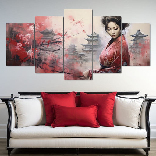 Geisha Amidst Blossoming Hues Canvas Print