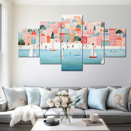 Sailboats in Dreamy Cityscape - NicheCanvas