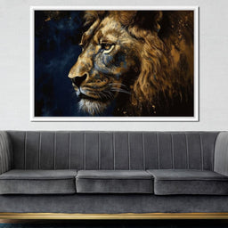 Golden Lion on Blue Background - NicheCanvas