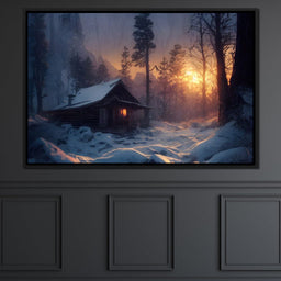 Warm Cabin Covered in Snow - NicheCanvas