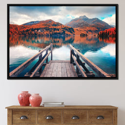 Wooden Pier on Autumn lake Sils - NicheCanvas