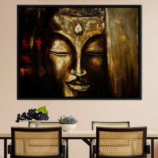 Buddha's Dream - The Panel Wall Art Buddha has a golden statue design with deatiled face features