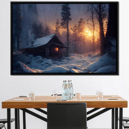 Warm Cabin Covered in Snow - NicheCanvas