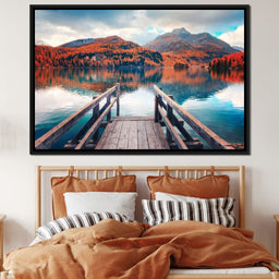 Wooden Pier on Autumn lake Sils - NicheCanvas