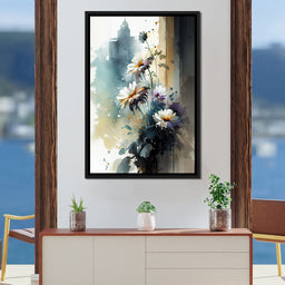 White & Teal Watercolor Flowers - NicheCanvas