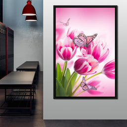 Bouquet of Pink Tulips & Butterflies - NicheCanvas