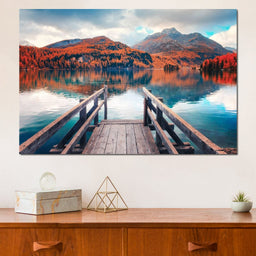 Wooden Pier on Autumn lake Sils - NicheCanvas