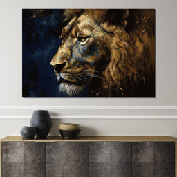 Golden Lion on Blue Background - NicheCanvas