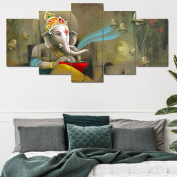 Lord Ganesh Reading Multi Panel Canvas Wall Art - NicheCanvas