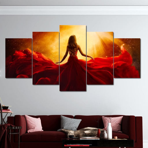 Red Flying Dress - Canvas Print - beautiful wall art of a woman in a stunning red dress and a gold background - this is an elegant addition to your living space | NicheCanvas