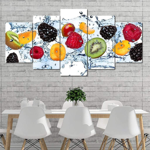 Fresh Fruits - Canvas Print - photorealistic 5 panel wall art of a fruit splash - this art design is an artful addition to any room it's placed in | NicheCanvas
